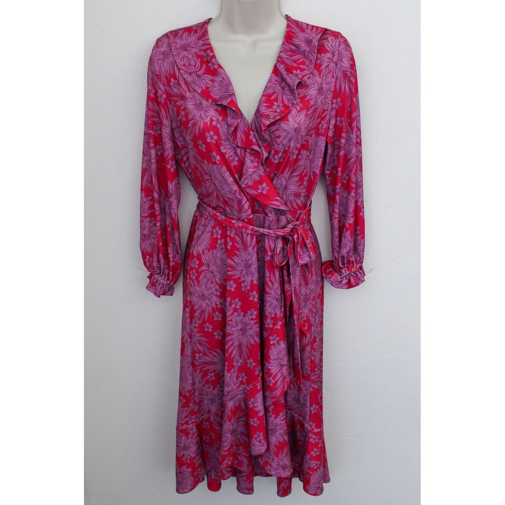 Hale Bob Wrap Dress Small Red Pink Floral Jersey Midi Long Sleeve Ruffle V-Neck
